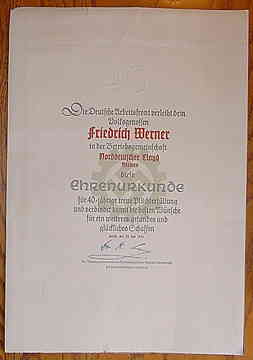 Nazi DAF Award Document